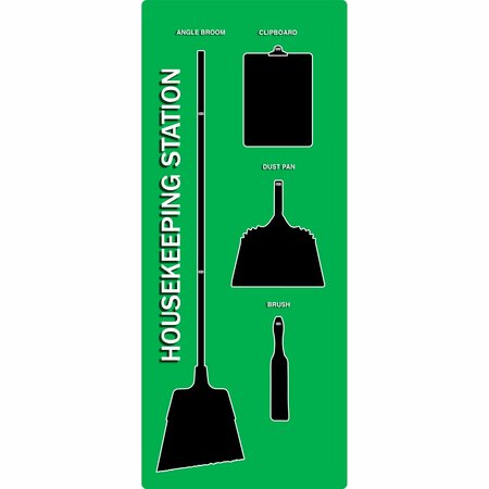 5S SUPPLIES 5S Housekeeping Shadow Board Broom Station Version 13 - Green Board / Black Shadows  With Broom HSB-V13-GREEN-KIT